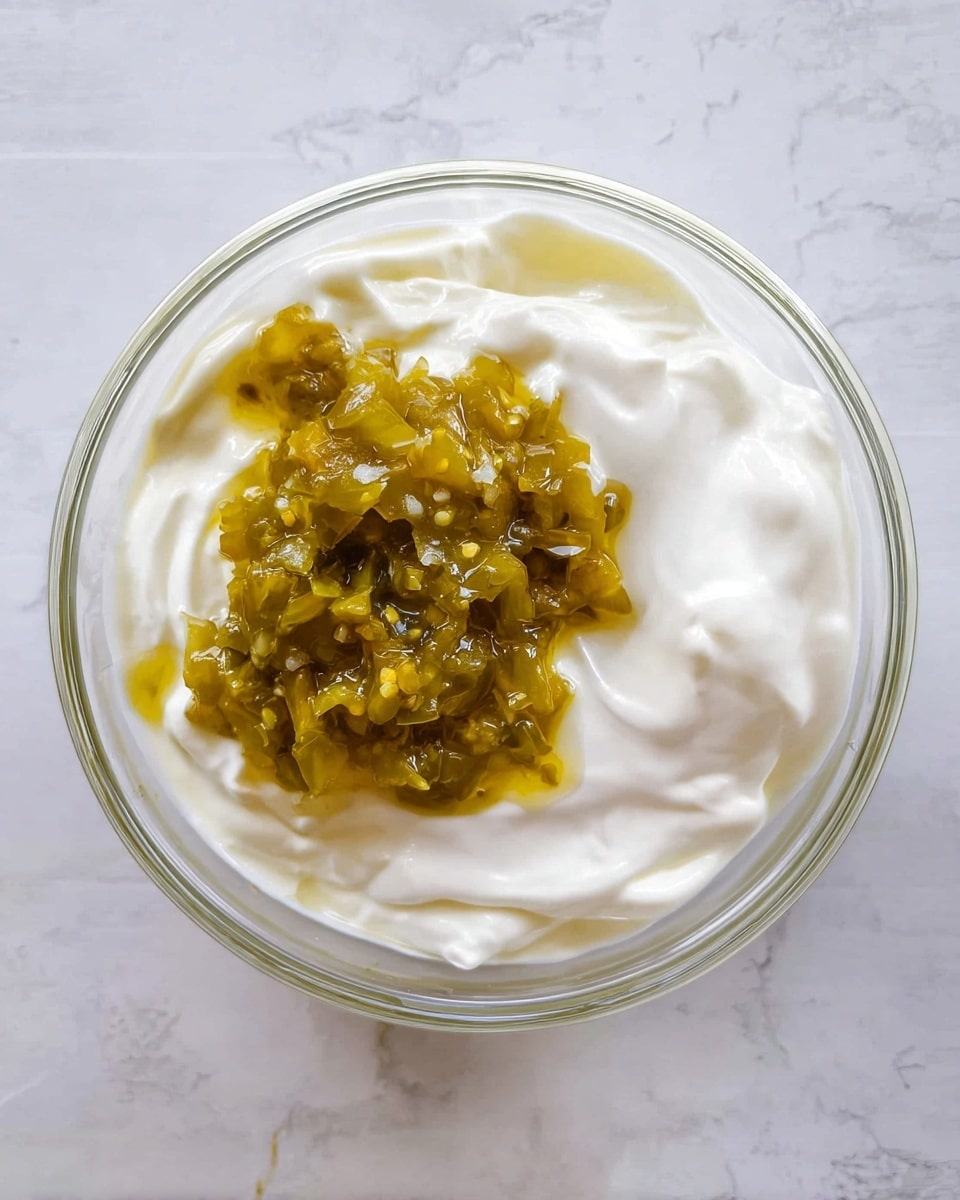 A clear glass bowl contains two main layers: the bottom layer is smooth and creamy white, likely sour cream or mayonnaise, and the top layer is a thick, chunky greenish-yellow relish with visible small pieces, positioned slightly off-center. The bowl sits on a white marbled surface, with soft natural lighting highlighting the textures. Photo taken with an iphone --ar 4:5 --v 7