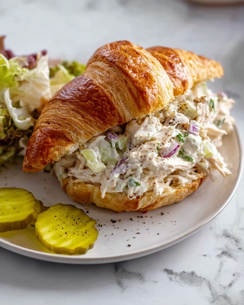 A golden brown croissant sandwich sits on a white plate, sliced open and filled with a creamy chicken salad that has visible chunks of white chicken, finely chopped purple onions, green celery, and herbs, topped with freshly cracked black pepper. A couple of bright yellow-green pickle slices are placed beside the croissant on the plate, which rests on a white marbled surface. Photo taken with an iphone --ar 4:5 --v 7