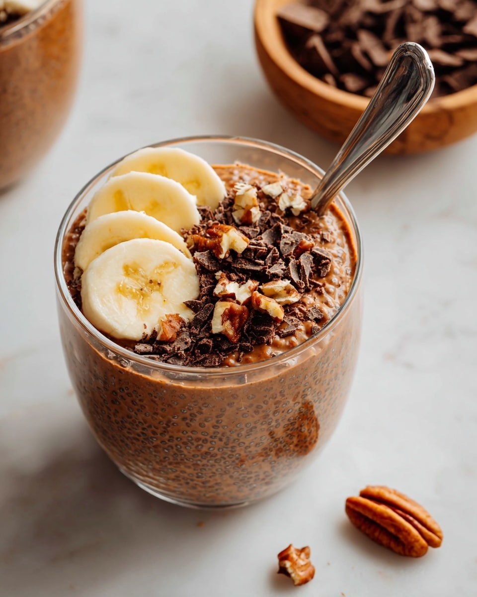 A clear glass cup filled with three layers: the bottom and main layer is creamy chocolate chia pudding with a bumpy texture, on top are two slices of soft, light yellow banana placed side by side on the left, next to a sprinkle of chopped dark chocolate pieces and medium brown pecan nuts, all sitting on a white marbled surface; a silver spoon is resting inside the pudding, angled toward the top left. In the background, there is a wooden bowl with more chopped dark chocolate pieces, slightly blurred. photo taken with an iphone --ar 4:5 --v 7