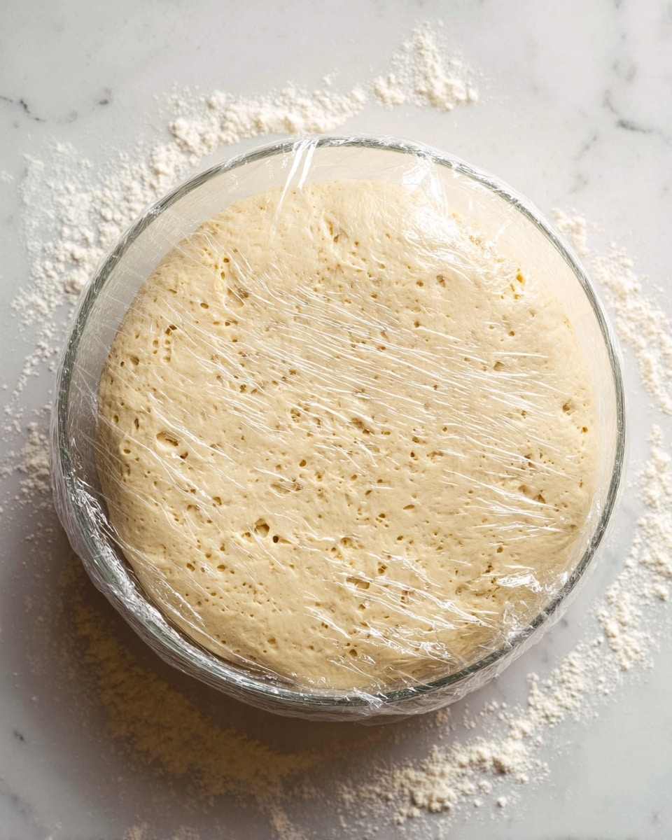 A close-up view of a clear glass bowl filled with light beige dough that has risen fully, showing many air bubbles throughout its spongy surface. The dough reaches the top edge of the bowl, which is tightly covered with clear plastic wrap. The bowl sits on a white marbled surface sprinkled lightly with flour, adding a soft powdery texture around the bowl. photo taken with an iphone --ar 4:5 --v 7