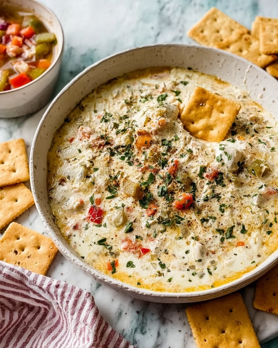 A large shallow white bowl filled with creamy, melted cheese mix topped with finely chopped green herbs scattered evenly. Within the cheese, there are small bits of orange, red, and green peppers, adding color and texture. A single pale yellow cracker is dipped into the cheese mixture in the center. Around the bowl on a white marbled surface are several light brown square crackers. In the background, a smaller white bowl contains a chunky vegetable dip with pieces of red, orange, and green vegetables in broth. A striped cloth napkin is partially visible at the lower left edge of the image. photo taken with an iphone --ar 4:5 --v 7
