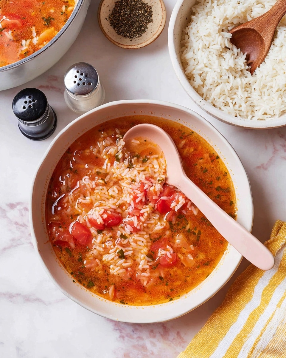 A white bowl filled with a tomato-based soup containing visible layers of white rice mixed with chunks of soft red tomatoes, and small pieces of green herbs evenly spread throughout the broth. A pale pink spoon rests inside the bowl on the right side, partially submerged in the soup. Nearby, a white bowl contains plain white rice with a wooden spoon. The scene is set on a white marbled surface with some black and white salt and pepper shakers and a yellow and white striped cloth napkin at the bottom right corner. photo taken with an iphone --ar 4:5 --v 7