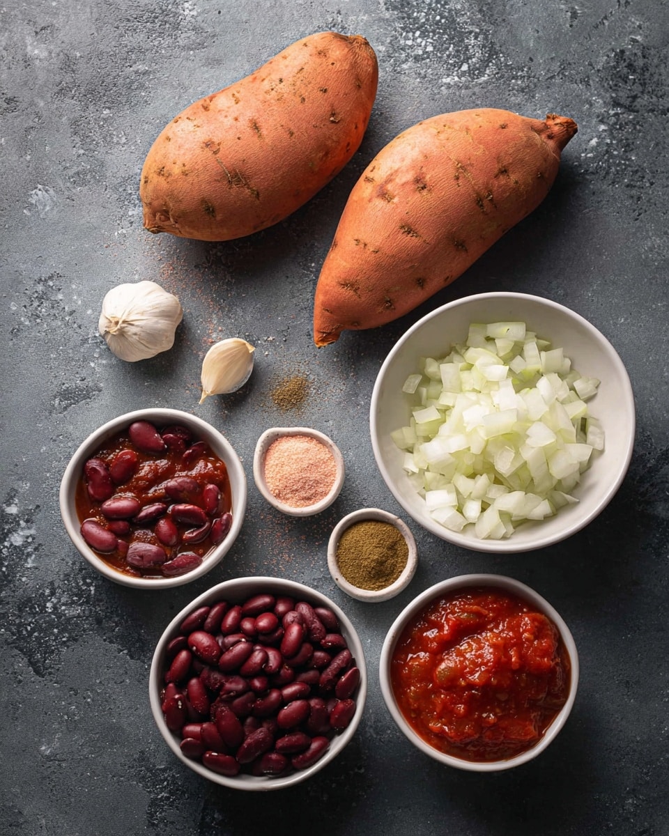 The image shows raw ingredients placed on a dark surface: two whole sweet potatoes with a rough orange skin near the center, a small white bowl filled with chopped white onions to the right, a small white bowl holding four different ground spices arranged in separate sections green, light pink, reddish-orange, and brown above the onions, a couple of garlic cloves with papery skin to the left, a small white bowl filled with dark reddish kidney beans above the sweet potatoes, and another small white bowl containing chunky red tomato sauce at the bottom. All bowls are white, and the background is a white marbled texture photo taken with an iphone --ar 4:5 --v 7