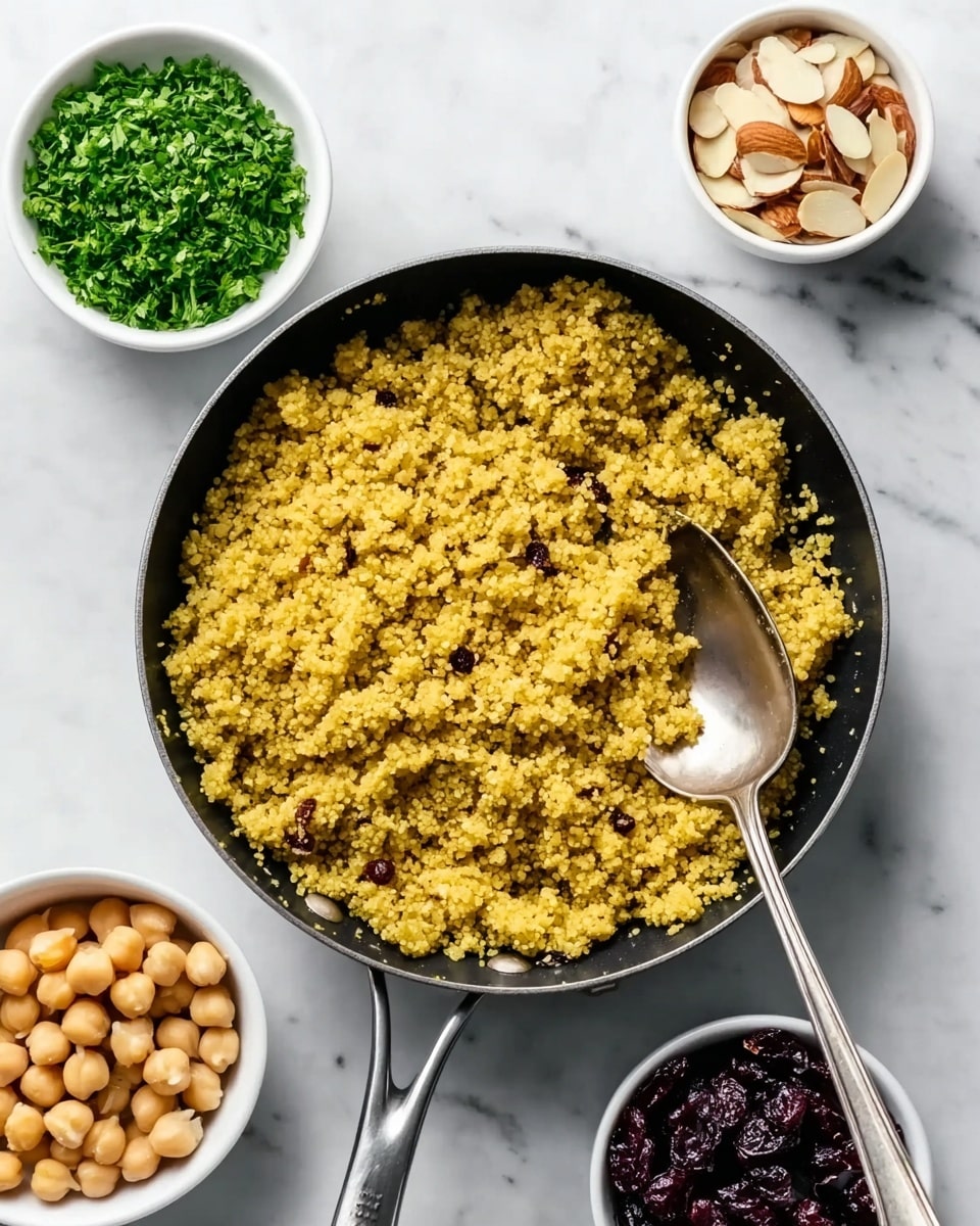 The image shows a black pan filled with yellowish, crumbly cooked quinoa placed on a white marbled surface. A silver spoon rests inside the pan, leaning to the right side. Surrounding the pan are four small white bowls: the top one contains finely chopped green herbs, the left one holds sliced almonds, the right one has dark dried cranberries, and the bottom one is filled with pale beige chickpeas. Photo taken with an iphone --ar 4:5 --v 7