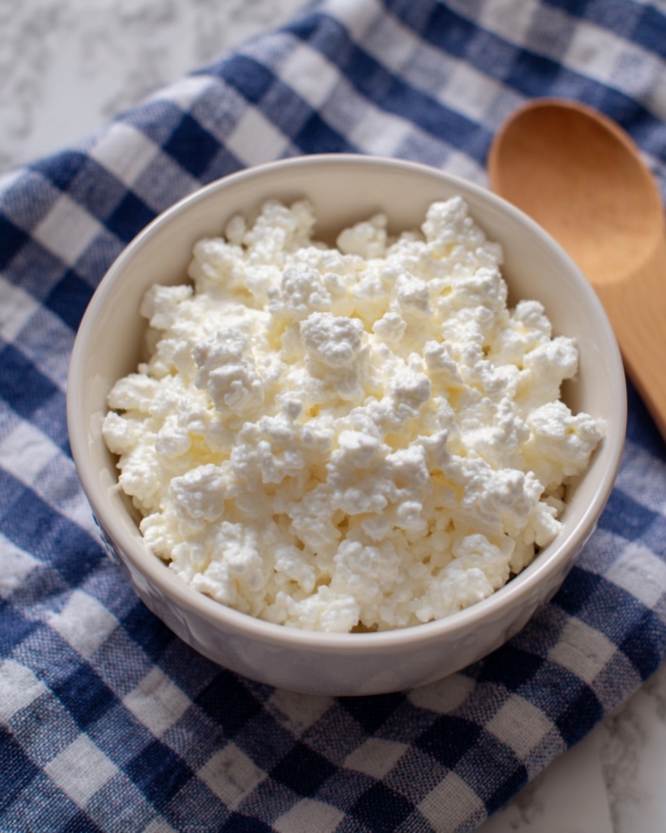 A white round bowl filled with small white curds of cottage cheese, showing a soft and slightly lumpy texture. The bowl sits on a blue and white checkered cloth with part of a wooden spoon placed next to it on the right. The background is a white marbled texture. photo taken with an iphone --ar 4:5 --v 7