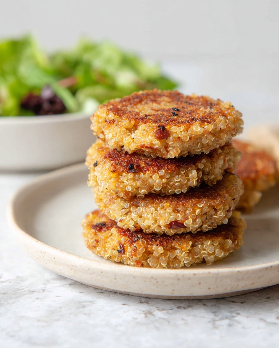 A stack of four golden brown quinoa patties with a crispy texture and small visible bits of onion is placed in the center of a white plate on a white marbled surface. The patties have a rough surface, showing tiny grains and seasoning specks, and the plates edges are smooth and clean. In the blurred background, there is a white bowl filled with green leafy salad, adding a fresh contrast to the warm tones of the patties. The setting looks simple, bright, and clean. photo taken with an iphone --ar 4:5 --v 7