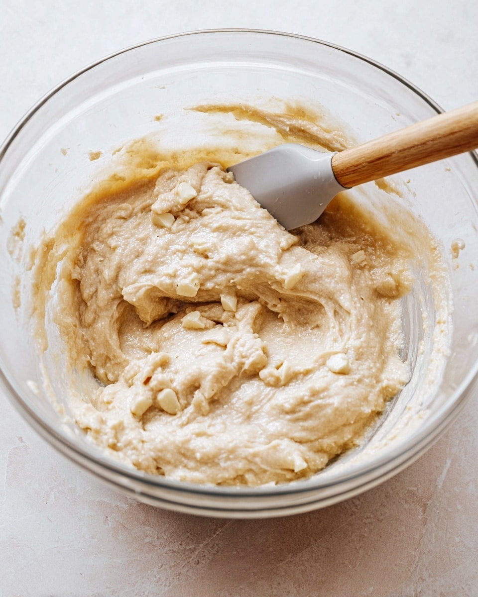 A clear glass bowl holds thick, creamy batter that is light tan with small chunks of off-white pieces mixed in. A light gray spatula with a wooden handle is partially submerged in the batter on the right side of the bowl, its smooth surface slightly coated. The background is a white marbled texture, softly lit, highlighting the batter's smooth but chunky texture. photo taken with an iphone --ar 4:5 --v 7
