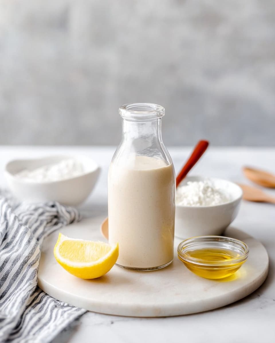 A clear glass bottle filled with a creamy, pale beige sauce sits in the center on a round white marble plate. To the left of the bottle is a bright yellow lemon wedge resting on the plate. Behind the bottle and lemon, there are two small white bowls; one with white thick substance and the other with a white creamy substance next to a wooden spoon with a reddish handle. In front of the right bowl is a small glass bowl containing a golden oil. The background is a white marbled surface with a blurred, neutral wall and a striped cloth in soft gray and white. photo taken with an iphone --ar 4:5 --v 7