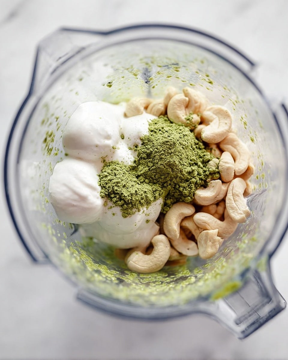 Inside a clear blender, a mix of smooth white cream-like dollops sits at the bottom center, topped with a vivid green powder that is spread unevenly over it. To the right of the cream, a layer of beige cashew nuts fills about a quarter of the blender's space, some nestled in a slightly green-tinted liquid that pools at the base. Tiny green specks are scattered throughout the liquid, adding texture and color contrast. The blender’s clear edges frame the ingredients against a white marbled surface below. photo taken with an iphone --ar 4:5 --v 7
