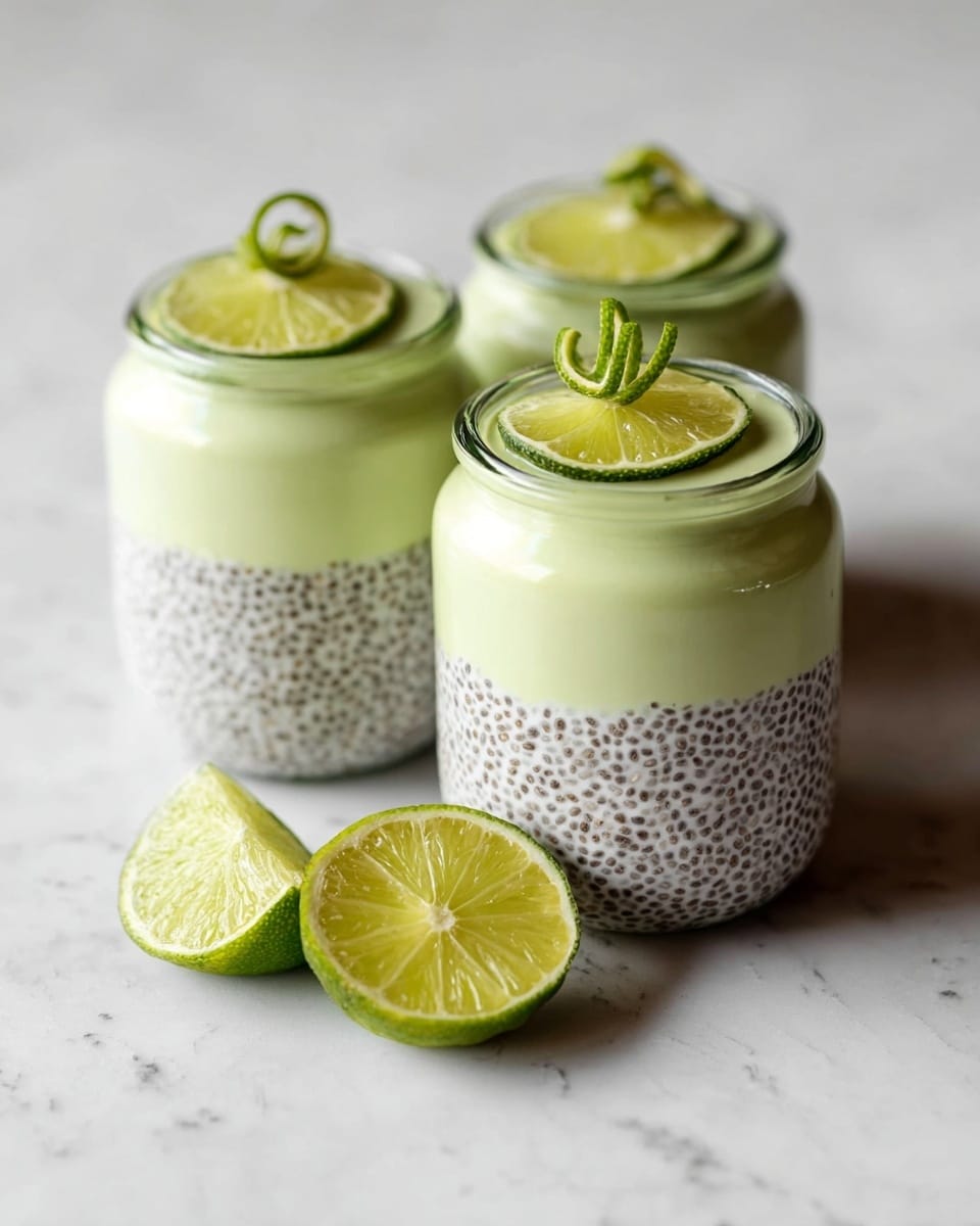 Three small glass jars each have two layers: the bottom layer is white with tiny black chia seeds, and the top layer is a smooth light green cream. Each jar is topped with a thin lime slice with a small green twist of lime peel on top. The jars are placed on a white marbled surface with two lime wedges nearby. The photo was taken with an iphone --ar 4:5 --v 7