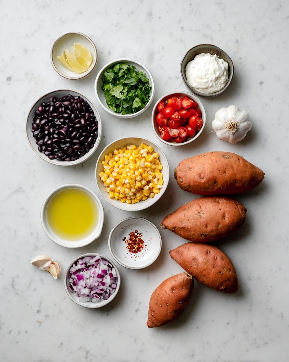 The image shows a flat lay of raw ingredients arranged on a white marbled surface. On the right side, there are four whole orange sweet potatoes with rough skin. To their left are several small white bowls containing different ingredients: one bowl with dark black beans, one with chopped red onions, one with halved red cherry tomatoes, one with chopped green herbs, one with yellow corn kernels, one with white sour cream or yogurt, one with olive oil, one with lemon juice, and one with salt and red chili flakes. There is also one whole dark green avocado and one garlic clove placed among the bowls. All the bowls are white and the setup is clean and bright. photo taken with an iphone --ar 4:5 --v 7