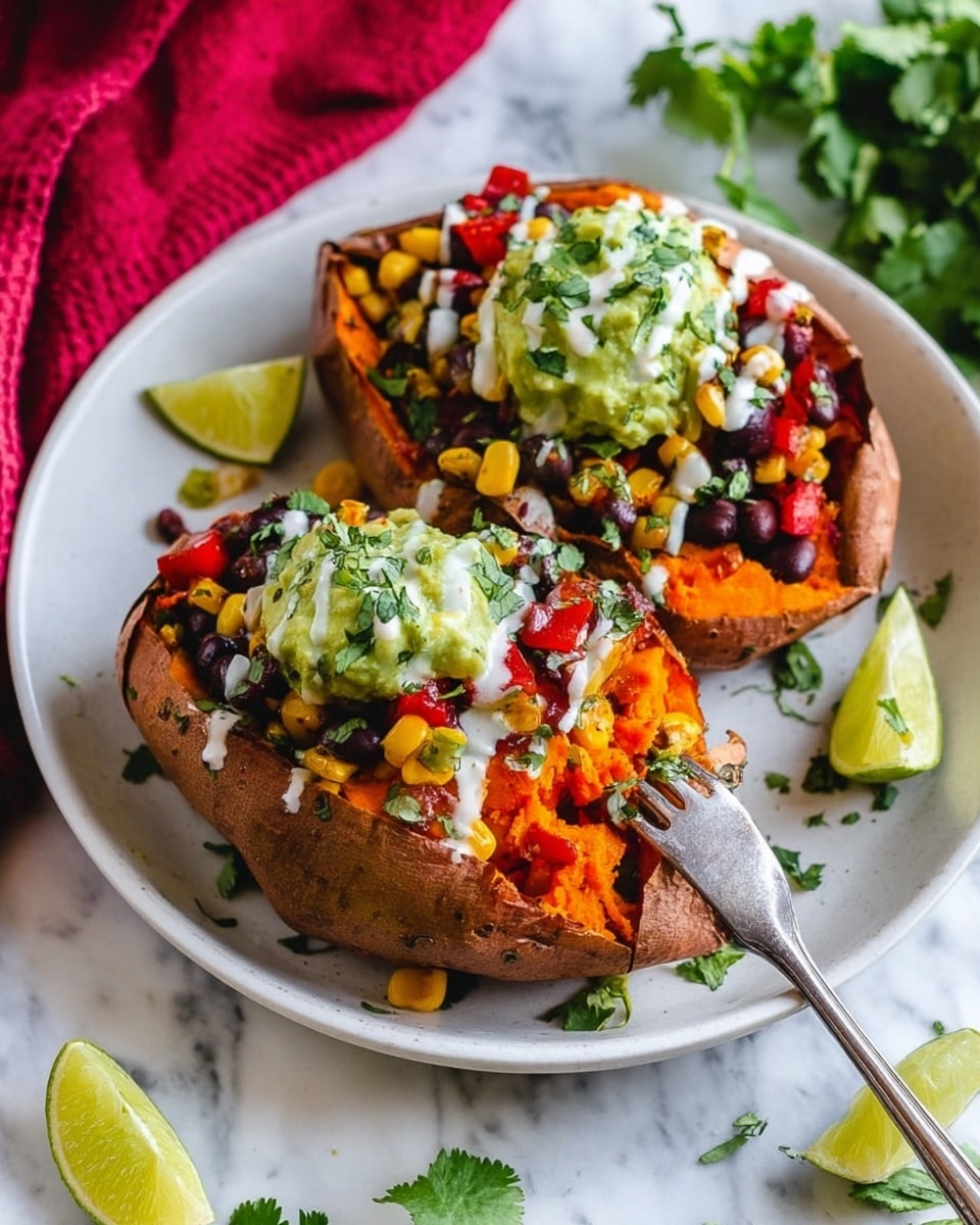 The image shows two baked sweet potatoes on a white plate, each split open and filled with colorful layers. The bottom layer inside the potato is soft orange sweet potato flesh, topped with a mix of black beans, yellow corn, and red chopped tomatoes. On top of this is a dollop of light green guacamole with some fresh green cilantro leaves scattered around, and a drizzle of white sauce over everything. The plate has a few lime wedges on the side and is placed on a white marbled surface with some cilantro and a red cloth nearby. A silver fork is poking into one of the sweet potatoes, showing the soft texture inside. Photo taken with an iphone --ar 4:5 --v 7