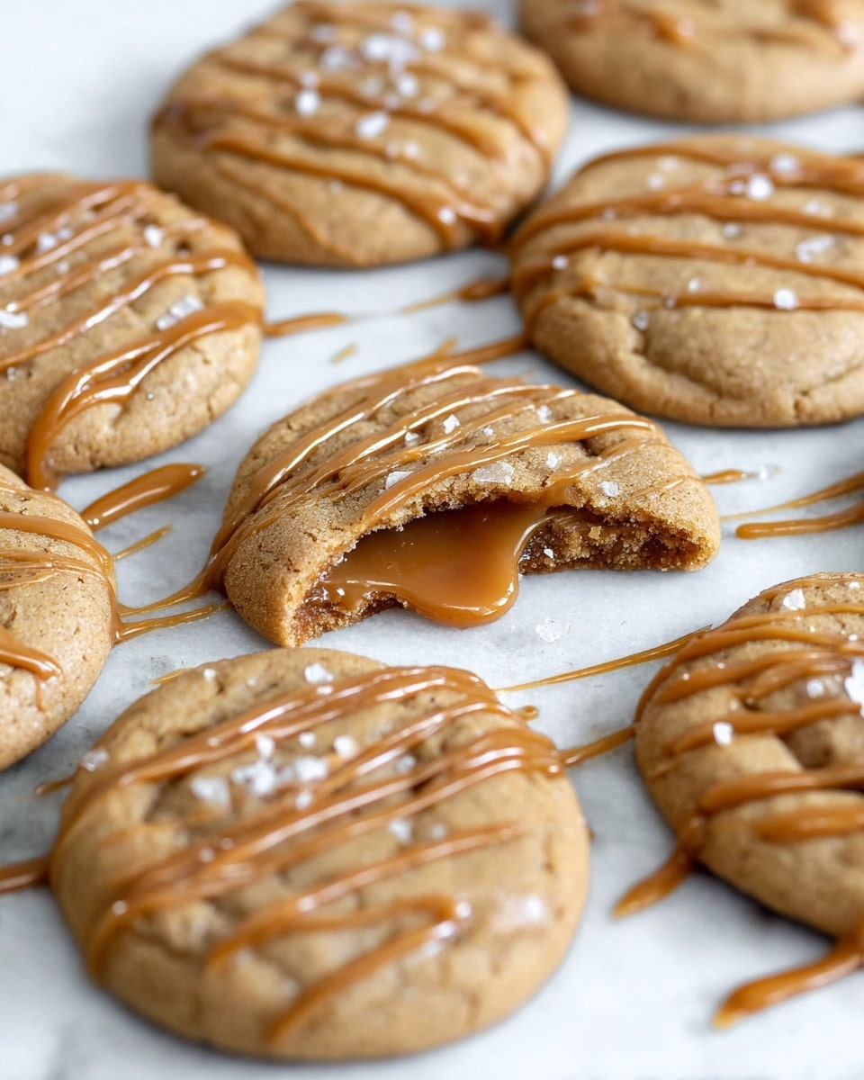 A group of light brown cookies with a soft texture is scattered on a white marbled surface. The cookies have a drizzle of medium brown caramel-like sauce on top, applied in thin, irregular lines. One cookie in the center is broken in half showing a gooey, melted caramel filling inside. The cookies’ edges are smooth and slightly rounded, and some have small crystals of white sea salt sprinkled on top, adding a little sparkle. Photo taken with an iphone --ar 4:5 --v 7