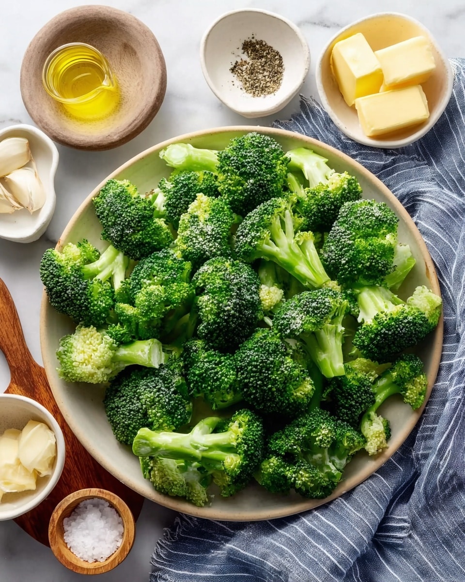 A large plate filled with many bright green broccoli pieces, each piece showing a textured, tree-like shape with small flower buds on top and smooth, lighter green stems below, arranged closely together. Around the plate are small white pottery dishes containing yellow butter squares, white salt, a clear liquid, minced garlic, and black pepper. The plate sits on a soft blue and white striped cloth over a white marbled surface. photo taken with an iphone --ar 4:5 --v 7