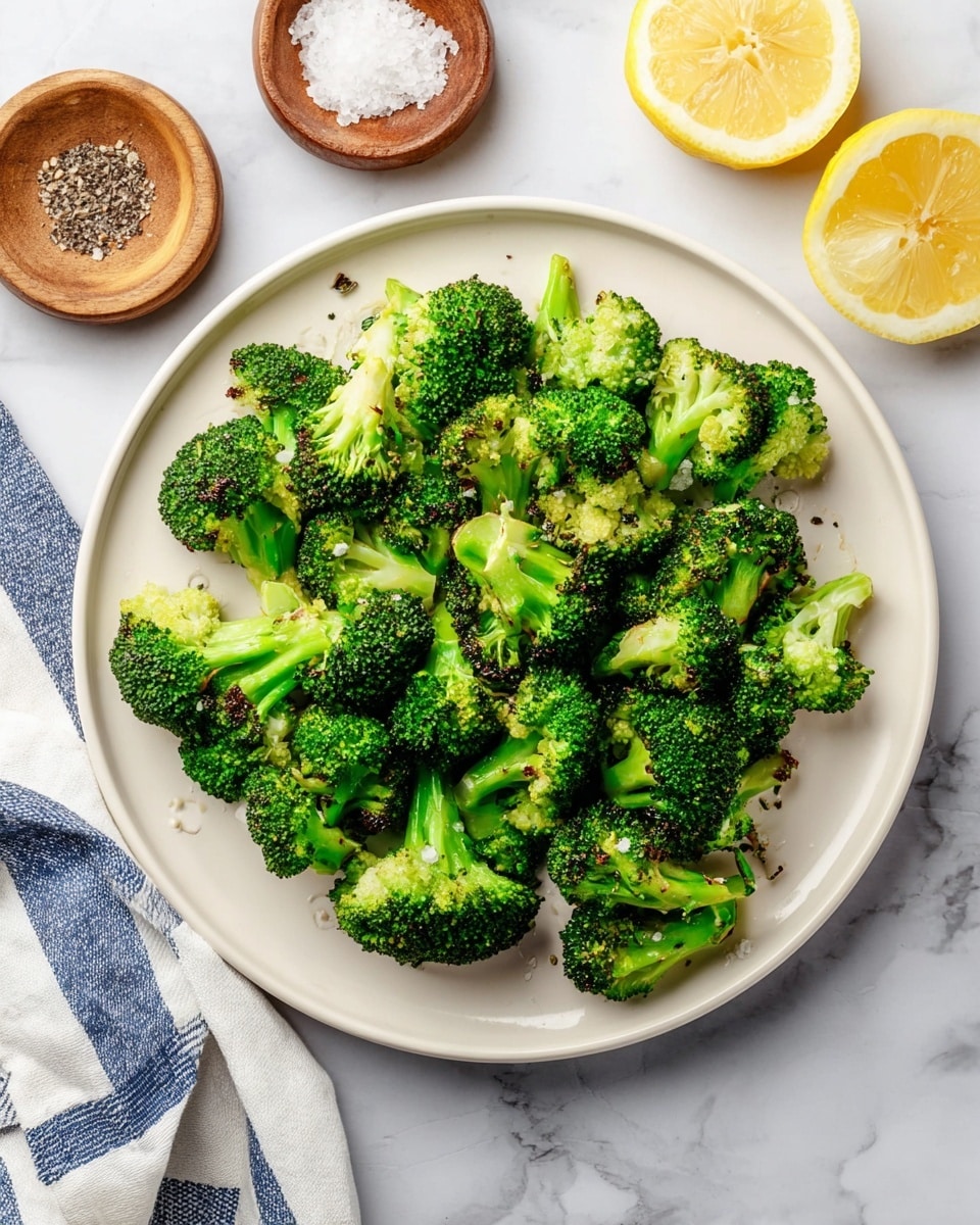 A round white plate filled with bright green broccoli florets that have slight brown char marks, showing they are cooked with a bit of crispness. The broccoli pieces are spread unevenly across the plate, with some pieces turned different ways to show the texture of the soft stalks and the dense, tiny green buds on top. Around the plate, a few lemon halves and slices are placed on a white marbled surface, adding a bright yellow color. A small wooden bowl with coarse salt and another with black pepper sit near the plate. A white and blue striped cloth is partly visible in the corner. Photo taken with an iphone --ar 4:5 --v 7
