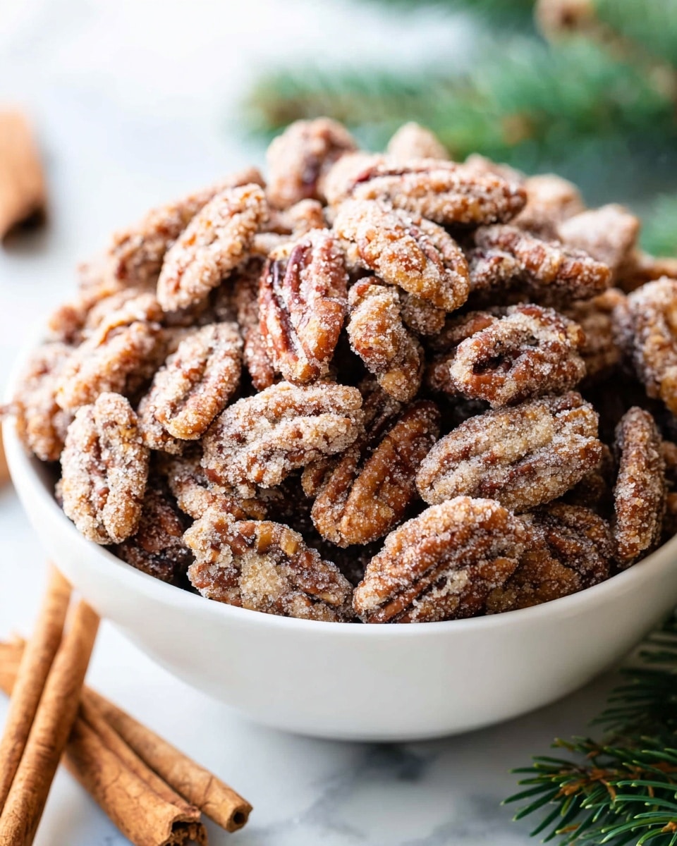 A white bowl filled with many candied pecans covered in a light sugary coating, each pecan showing a textured surface with a mix of light and dark brown colors. The pecans are piled high, overflowing slightly from the bowl’s top edge, and the sugary coating gives a rough, granulated texture. In the background, there is a soft hint of green pine needles blurred out and two cinnamon sticks lying at the front left, resting on a white marbled surface. The whole scene is bright and crisp, with natural light highlighting the sugary texture on the pecans. photo taken with an iphone --ar 4:5 --v 7