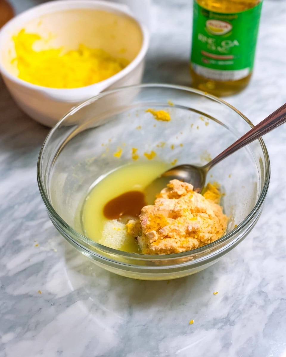A clear glass mixing bowl sits on a white marbled surface, holding several ingredients layered together: a light yellow liquid at the bottom, a small brown sauce spot resting on top, a fluffy, pale orange paste with hints of white mixed in the middle, and a bright yellow zest-like ingredient scattered lightly around. Behind the bowl, there is a white container with a yellow paste inside and a green bottle labeled rice vinegar on the right side. A silver spoon is balanced on the bowl's edge, angled toward the right. photo taken with an iphone --ar 4:5 --v 7