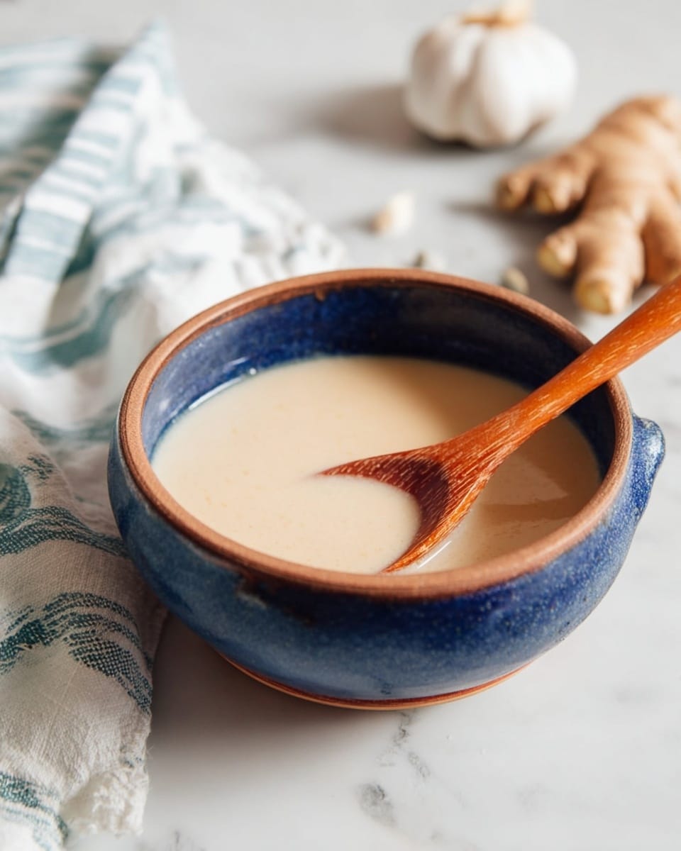 A close-up view of a ceramic bowl with a dark blue rim filled with smooth light beige soup or sauce. The wooden spoon with a warm brown color rests inside the bowl, partially submerged in the liquid. The bowl sits on a white marbled surface, with a striped cloth in soft blue and white blurred in the upper left background. To the upper right, whole garlic and fresh ginger root add subtle natural colors of white and light brown. Soft natural light highlights the creamy texture of the soup and the matte finish of the bowl. photo taken with an iphone --ar 4:5 --v 7