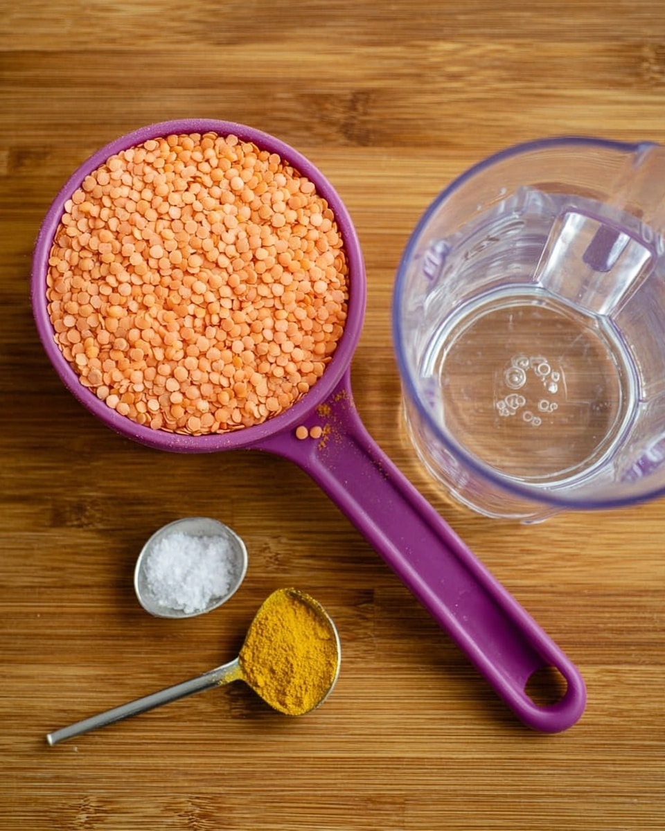 The image shows a close top view of dry red lentils held in a large purple spoon resting on a wooden surface, next to a clear plastic blender cup with water inside. In front of the spoon, two small silver spoons lay flat, one filled with white salt and the other with yellow curry powder. The textures are smooth for the spices and the water, while the lentils have a rough, grainy appearance, and the background is a wood grain pattern. photo taken with an iphone --ar 4:5 --v 7