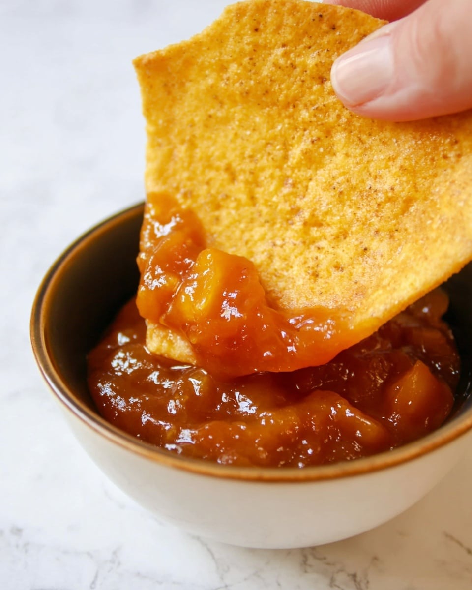 A golden yellow cracker with a crispy, slightly rough texture is being held by a woman's hand, partially dipped into a glossy, chunky orange-brown sauce inside a white bowl. The sauce has a thick, sticky look with visible pieces, contrasting with the smooth and porous surface of the cracker. The background is a white marbled texture. photo taken with an iphone --ar 4:5 --v 7