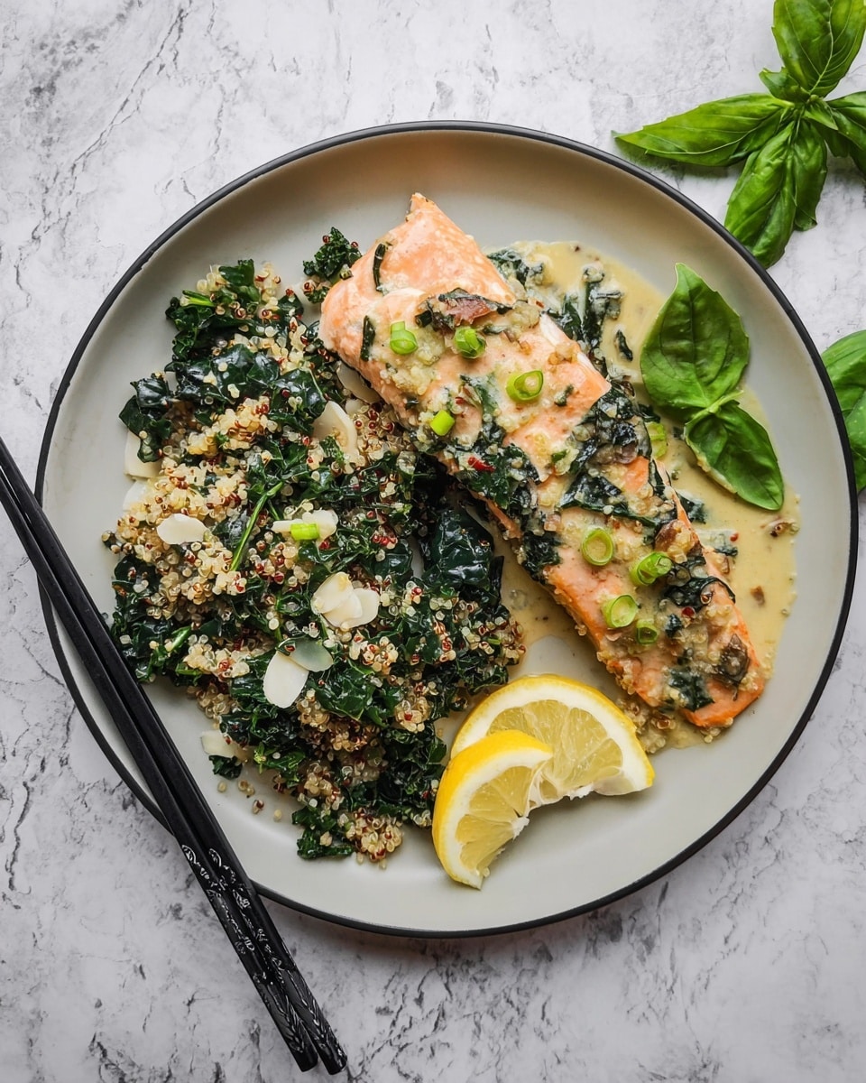 A round white plate holds two main parts: on the left, a mix of dark green kale leaves with light beige quinoa and white thin slices, topped with small green chili rounds; on the right, a piece of pink salmon fillet covered with a creamy layer of light tan sauce mixed with wilted dark green spinach and some browned bits, garnished with a few small bright green basil leaves. Two lemon wedges with yellow rind and pale yellow flesh sit near the salmon. Black chopsticks rest on the plate's edge. The plate sits on a white marbled surface with some fresh green basil sprigs nearby. Photo taken with an iphone --ar 4:5 --v 7