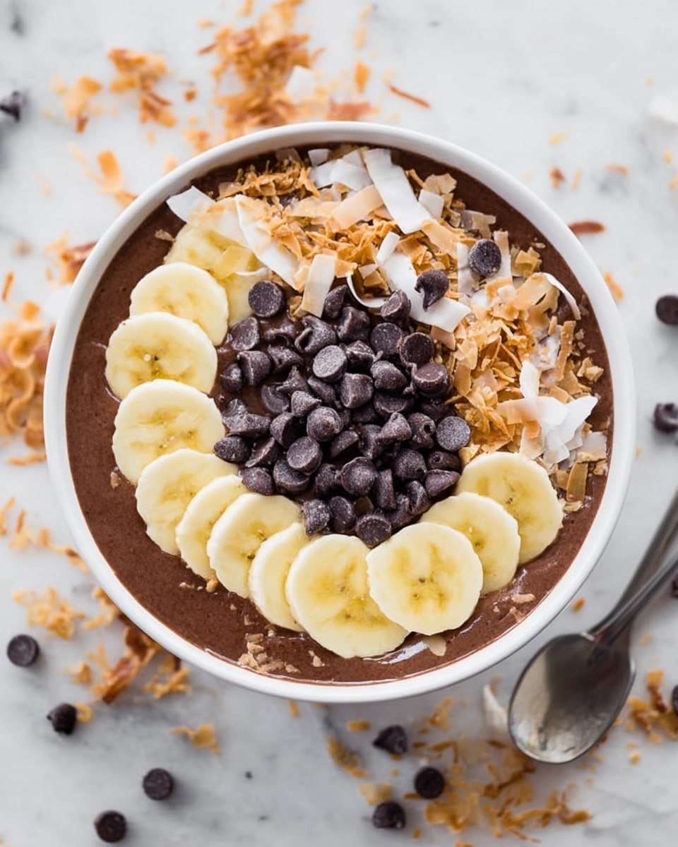 A white bowl filled with three visible layers starting with a smooth dark brown base, topped by a neat circle of pale yellow banana slices arranged flat in a single layer, and finished with a generous sprinkle of small dark chocolate chips and toasted coconut flakes scattered unevenly on top. The bowl is placed on a white marbled surface, and around it are some crumbs and chocolate chips, with a silver spoon nearby. photo taken with an iphone --ar 4:5 --v 7