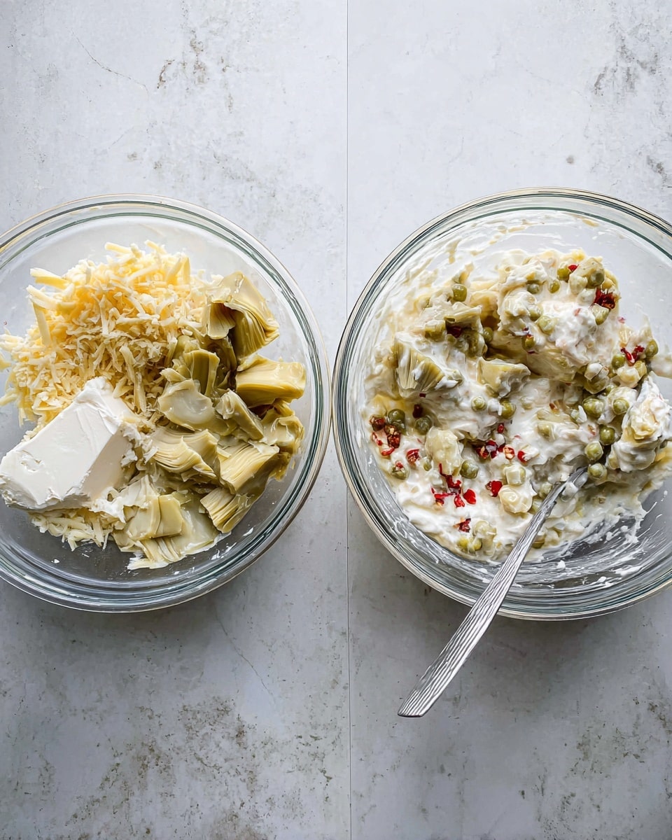 Two clear glass bowls sit side by side on a white marbled surface. The bowl on the left holds un-mixed ingredients: pale yellow artichoke pieces at the back and sides, a solid white block of cream cheese near the center, shredded pale yellow cheese in front, and small red flakes near the bottom edge, with a silver spoon resting inside the bowl on the right side. The bowl on the right shows the same ingredients fully mixed, creating a creamy white mixture with small chunks of artichoke and peas of red flakes throughout; the same silver spoon is partially submerged, resting against the inner bowl wall. Photo taken with an iphone --ar 4:5 --v 7