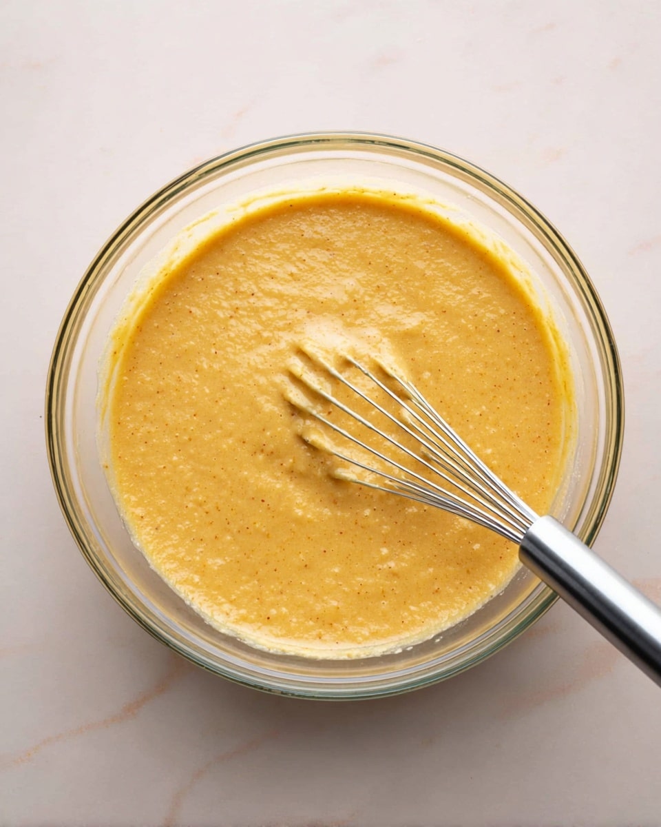 A clear glass bowl holds a smooth, thick batter with a rich golden yellow color and small darker specks mixed evenly throughout. The batter fills the bowl about halfway and has a creamy, slightly grainy texture. A shiny silver whisk is resting inside the bowl, partially submerged in the batter, with its handle extending outwards to the right side. The bowl sits on a white marbled surface that contrasts softly with the warm tone of the batter. photo taken with an iphone --ar 4:5 --v 7