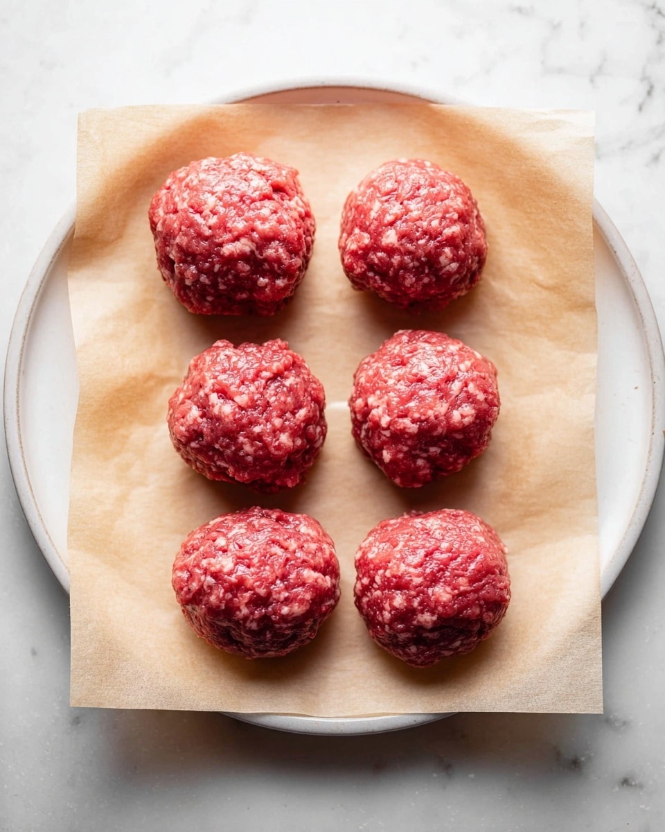 Six round balls of raw ground beef with a textured, slightly lumpy surface and a mix of red and light pink colors, arranged in two vertical rows of three on a piece of beige parchment paper. The parchment paper lies flat on a simple white plate, and the whole setup rests on a white marbled surface. The lighting is soft, creating gentle shadows around the beef balls, highlighting their freshness and shape. photo taken with an iphone --ar 4:5 --v 7