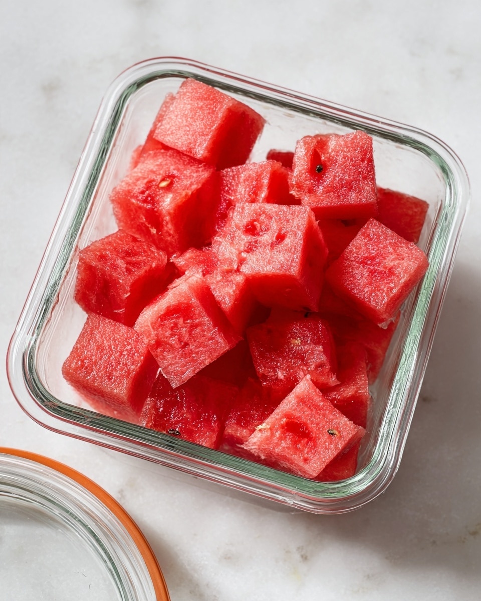 The image shows a glass container filled with many cubes of red watermelon. The watermelon cubes are stacked on top of each other, showing a juicy and fresh texture with some small seeds visible. The container lid is placed next to it on a white marbled surface. photo taken with an iphone --ar 4:5 --v 7