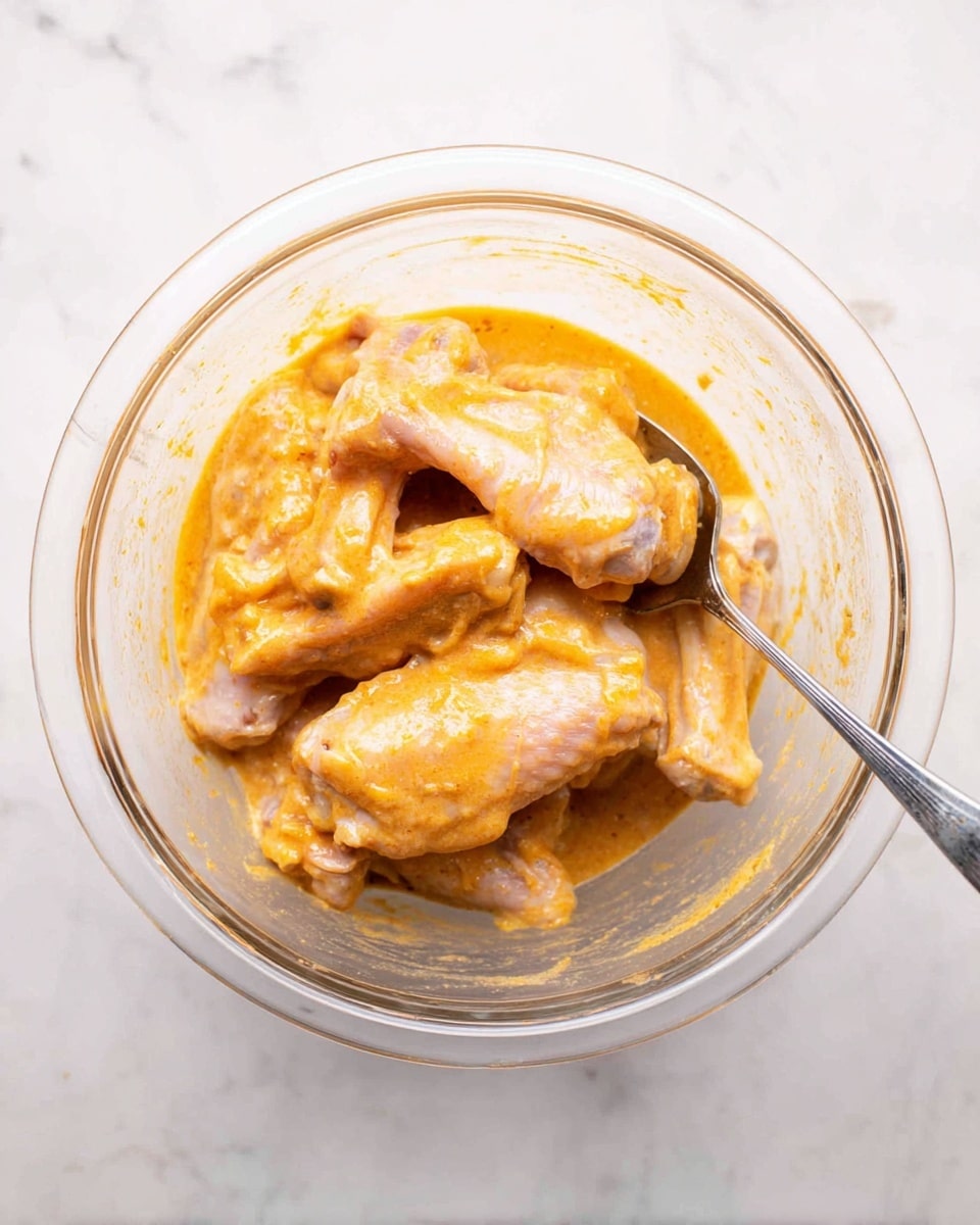A clear glass mixing bowl holds several pieces of raw chicken wings covered in a thick, creamy orange-yellow marinade that evenly coats each piece. A silver metal spoon rests inside the bowl on the right side, partially submerged in the sauce. The bowl is placed on a white marbled surface, and the texture of the chicken wings is smooth with some visible moisture from the marinade. Photo taken with an iphone --ar 4:5 --v 7