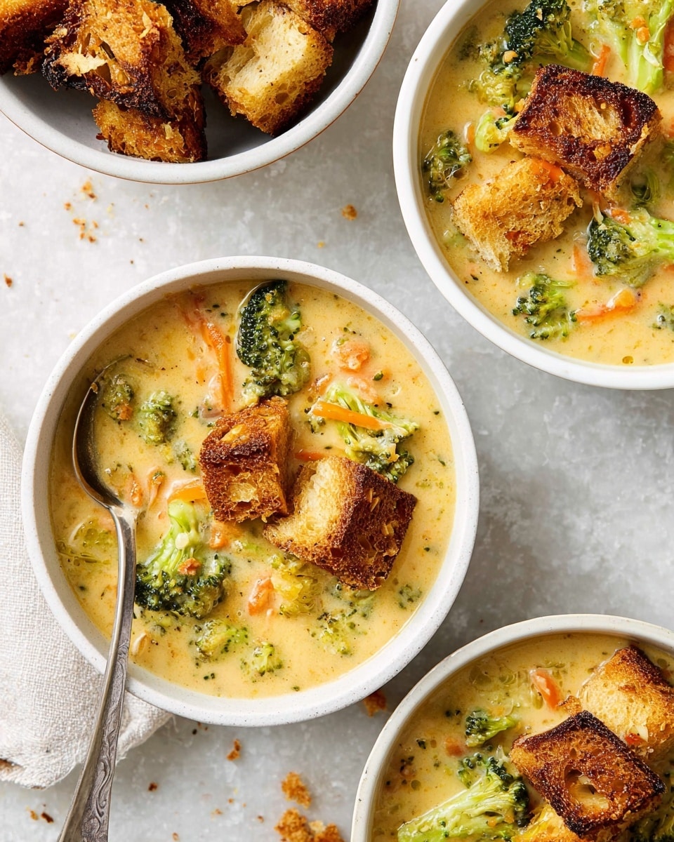 The image shows two white bowls filled with creamy soup that has a light yellow color with visible pieces of green broccoli florets and thin orange carrot strips mixed throughout the soup. On top of the soup, there are several large pieces of toasted bread with a golden brown, slightly crunchy texture. One bowl has a silver spoon resting inside on the left side. Above these bowls, there is a white bowl with more toasted bread pieces showing a mix of golden and darker brown crispy parts. The background is a white marbled surface with some small crumbs scattered around the bowls. photo taken with an iphone --ar 4:5 --v 7