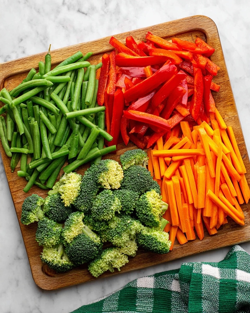 A wooden board is filled with four groups of chopped vegetables placed side by side. On the left is a pile of cut green beans, bright green and smooth. Next to it are sliced red bell peppers, shiny and vibrant red, cut into strips. To the right of the peppers is a heap of broccoli florets, dark green with thick light green stems showing a rough texture. On the far right are orange carrot sticks, straight and firm with a smooth surface. The board is on a white marbled surface with a green and white checkered cloth peeking from the bottom right corner. photo taken with an iphone --ar 4:5 --v 7