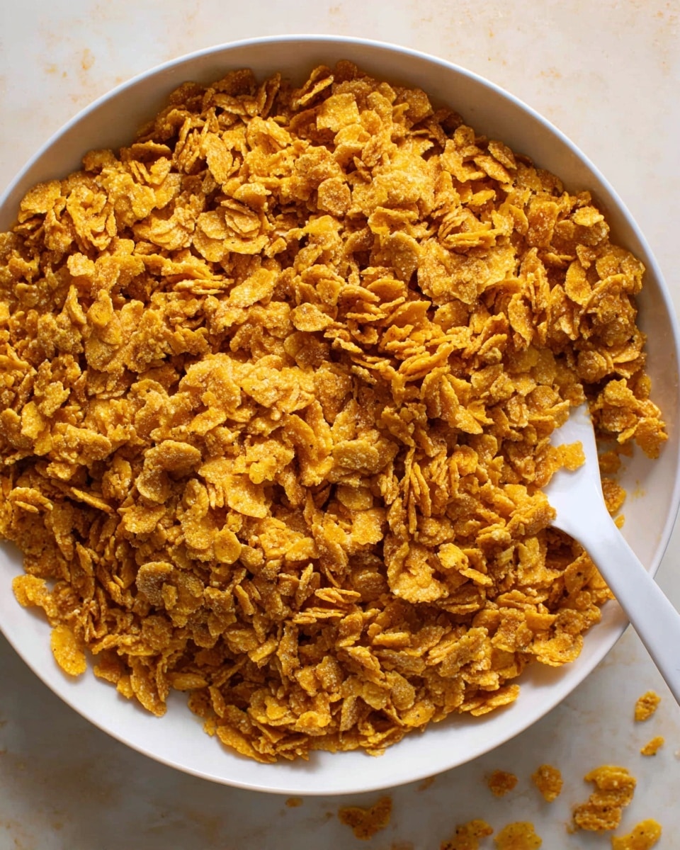 A close-up of a large white bowl filled with a thick layer of crunchy golden caramel-coated corn flakes, mixed tightly together with a sticky texture, and a white spatula resting inside on the right side. The bowl sits on a white marbled surface with a few loose corn flakes scattered around it. photo taken with an iphone --ar 4:5 --v 7