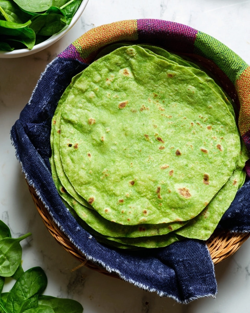 The image shows a basket lined with a dark blue-edged cloth, holding several bright green flatbreads stacked on top of each other. The flatbreads have a soft, slightly uneven texture with small brown spots scattered across the surface. In the top left corner, there is a white bowl filled with fresh green spinach leaves next to the basket. The whole scene is set on a white marbled surface. photo taken with an iphone --ar 4:5 --v 7