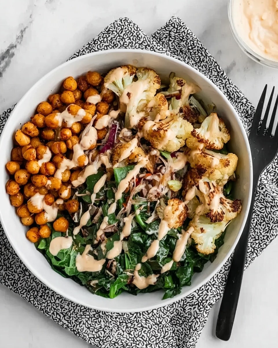 A white bowl filled with three main layers starting from the left; the first layer consists of golden brown roasted chickpeas, the second layer is filled with dark green chopped leafy greens, and the third layer has pieces of grilled cauliflower with light brown edges. All layers are topped with drizzles of creamy light beige sauce. The bowl is placed on a black and white patterned cloth over a white marbled surface, with a black fork to the right side of the bowl. photo taken with an iphone --ar 4:5 --v 7
