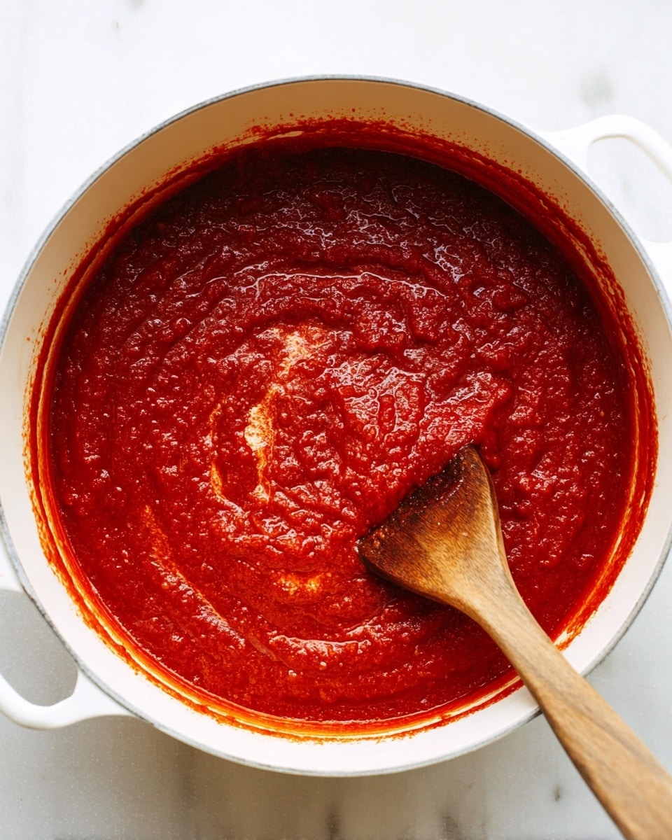 A white pot filled with thick, rich red tomato sauce with a slightly chunky texture. The sauce rests evenly inside the pot, with a small section showing the white pot underneath near the center. A wooden spoon with a smooth finish is partially dipped into the sauce on the lower right side of the pot. The pot sits on a white marbled surface. Photo taken with an iphone --ar 4:5 --v 7