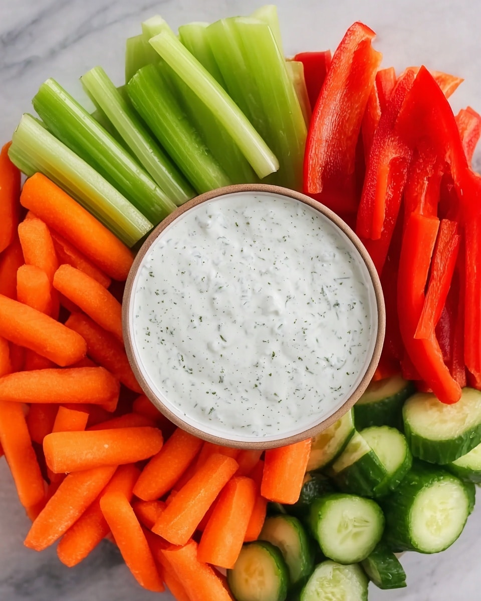 A top view of a white round bowl filled with creamy white ranch dip speckled with green herbs in the center, surrounded by four types of fresh raw vegetables arranged in sections on a white marbled surface: bright orange baby carrots at the bottom left, green celery sticks at the top left, red sliced bell peppers at the top right, and green cucumber sticks at the bottom right. The colors are fresh and vibrant, showing a crisp and healthy snack arrangement photo taken with an iphone --ar 4:5 --v 7