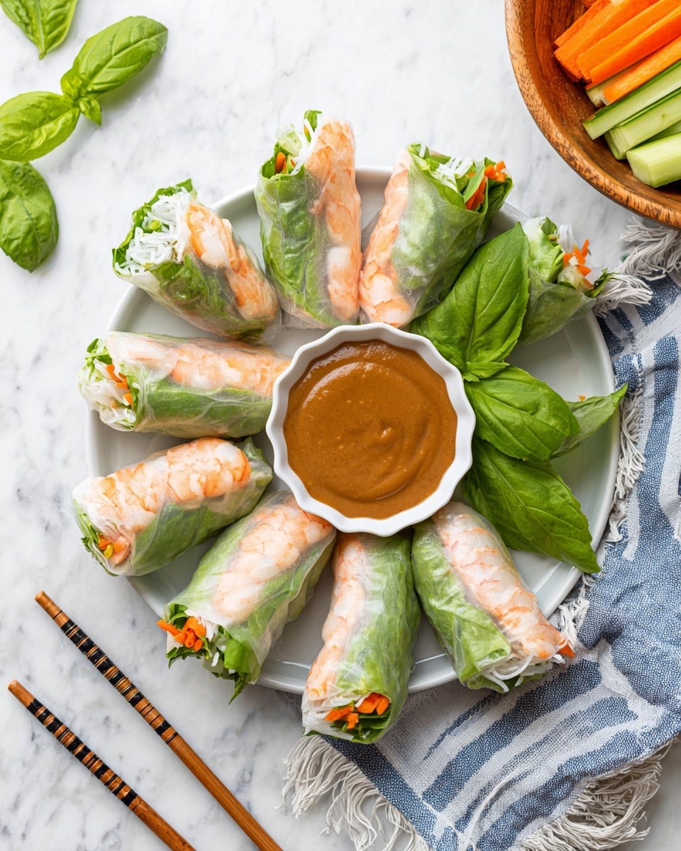 A white plate holds eight fresh spring rolls wrapped in translucent rice paper, showing layered insides of bright green lettuce, white rice noodles, orange carrot sticks, pink shrimp, and green basil leaves inside. The rolls are arranged around a small white scalloped bowl filled with smooth medium brown peanut sauce. Bright green basil leaves also decorate the plate and white marbled surface. On the side, wooden chopsticks with black tips rest on the surface next to the plate, and a wooden bowl with carrot and cucumber sticks is partly visible. A striped blue and white cloth with fringes lies on the white marbled surface nearby. Photo taken with an iphone --ar 4:5 --v 7