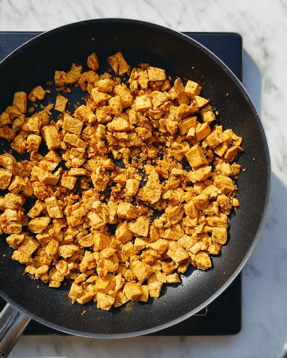 A close-up top view of a black frying pan filled with small, uneven pieces of golden-brown cooked tofu scattered all over the pan. The tofu pieces have a lightly crispy texture with some darker, slightly caramelized spots. The pan sits on a black stovetop, set against a white marbled surface with soft shadows. Photo taken with an iphone --ar 4:5 --v 7