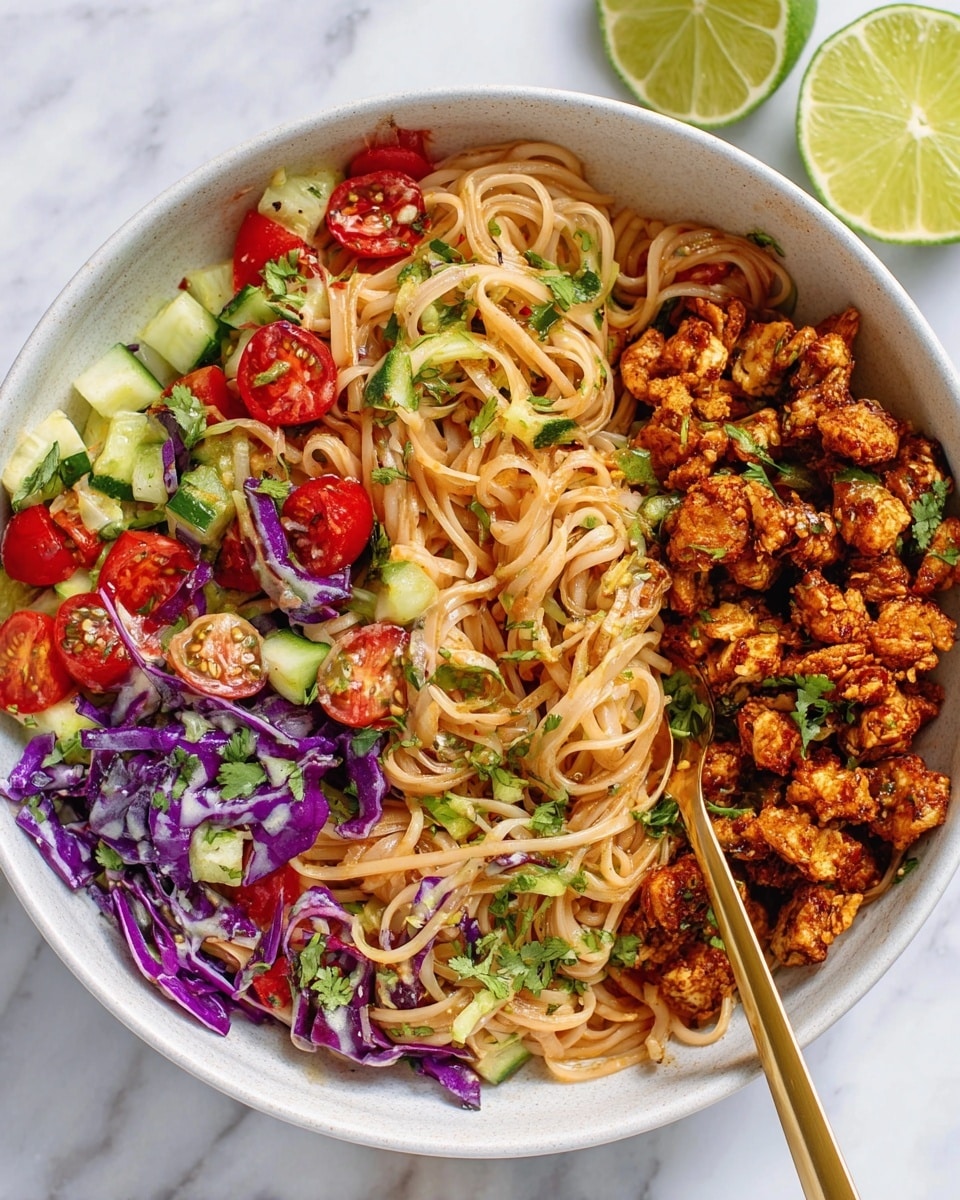 A round white bowl holds a colorful noodle salad divided mostly into two parts. On the left, there are light brown rice noodles mixed with bright red cherry tomato halves, small green cucumber cubes, thin purple cabbage strips, and chopped fresh green herbs, all tossed together with a slight shine from a dressing. On the right side, a pile of small, golden brown, crispy textured chunks is placed, looking seasoned. The bowl sits on a white marbled surface with two halves of green lime in the upper right corner. A gold fork is inserted into the noodles, leaning to the right side. Photo taken with an iphone --ar 4:5 --v 7