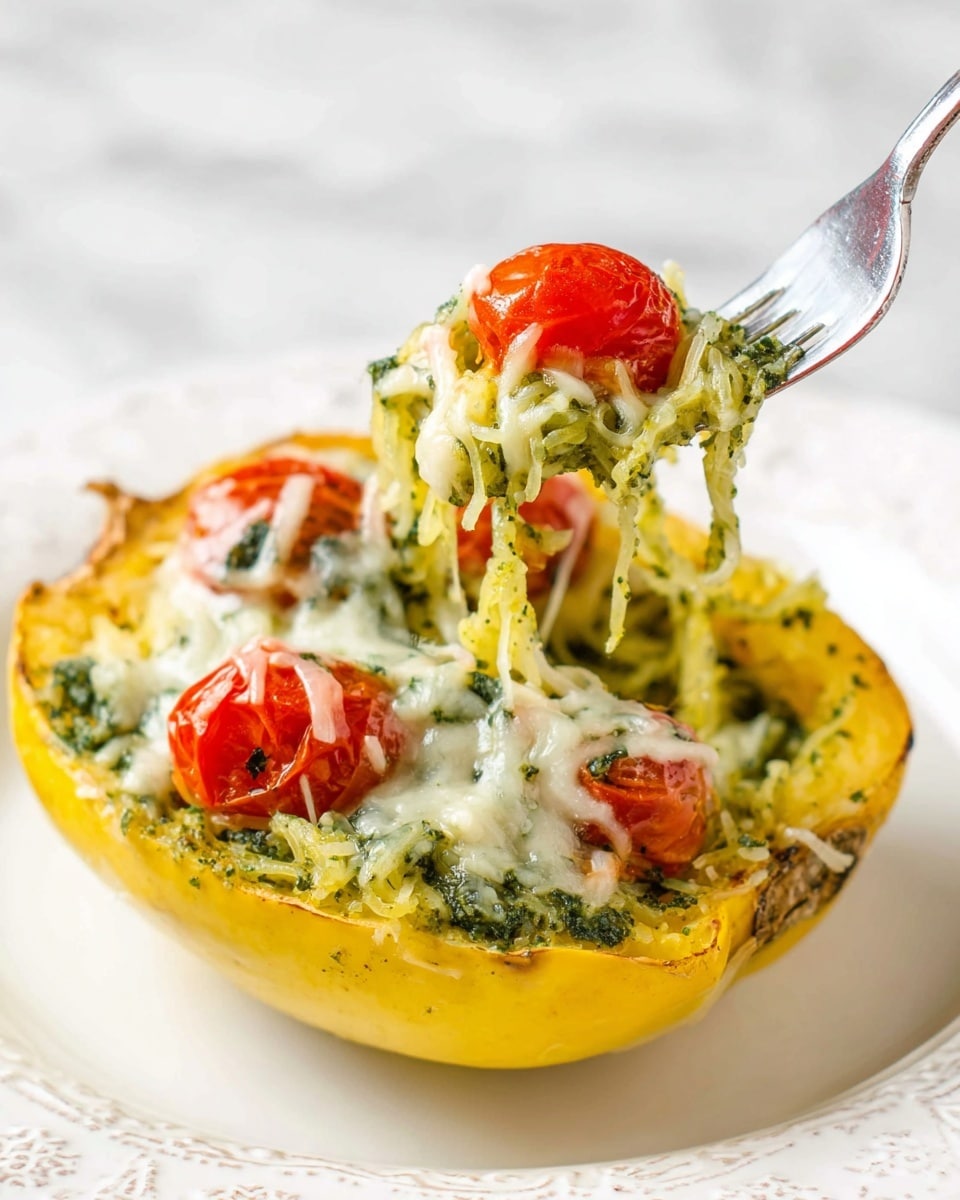 A yellow spaghetti squash half filled with green pesto-coated spaghetti squash strands and topped with melted white cheese and bright red cherry tomatoes. A silver fork lifts a portion showing the stringy texture of the squash mixed with cheese and pesto, with one cherry tomato caught on the fork. The dish sits on a white plate with a delicate pattern, all on a white marbled surface. photo taken with an iphone --ar 4:5 --v 7