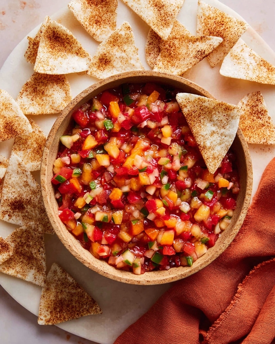 A light brown bowl filled with colorful fruit salsa is in the center, showing layers of small diced pieces in red, orange, green, and white colors with a glossy, juicy texture. One white triangle chip with brown spices leans inside the bowl. Around the bowl, many white triangle chips with a brown spice coating are spread out on a white marbled surface. To the top right of the bowl, there is a soft orange cloth casually placed. Photo taken with an iphone --ar 4:5 --v 7