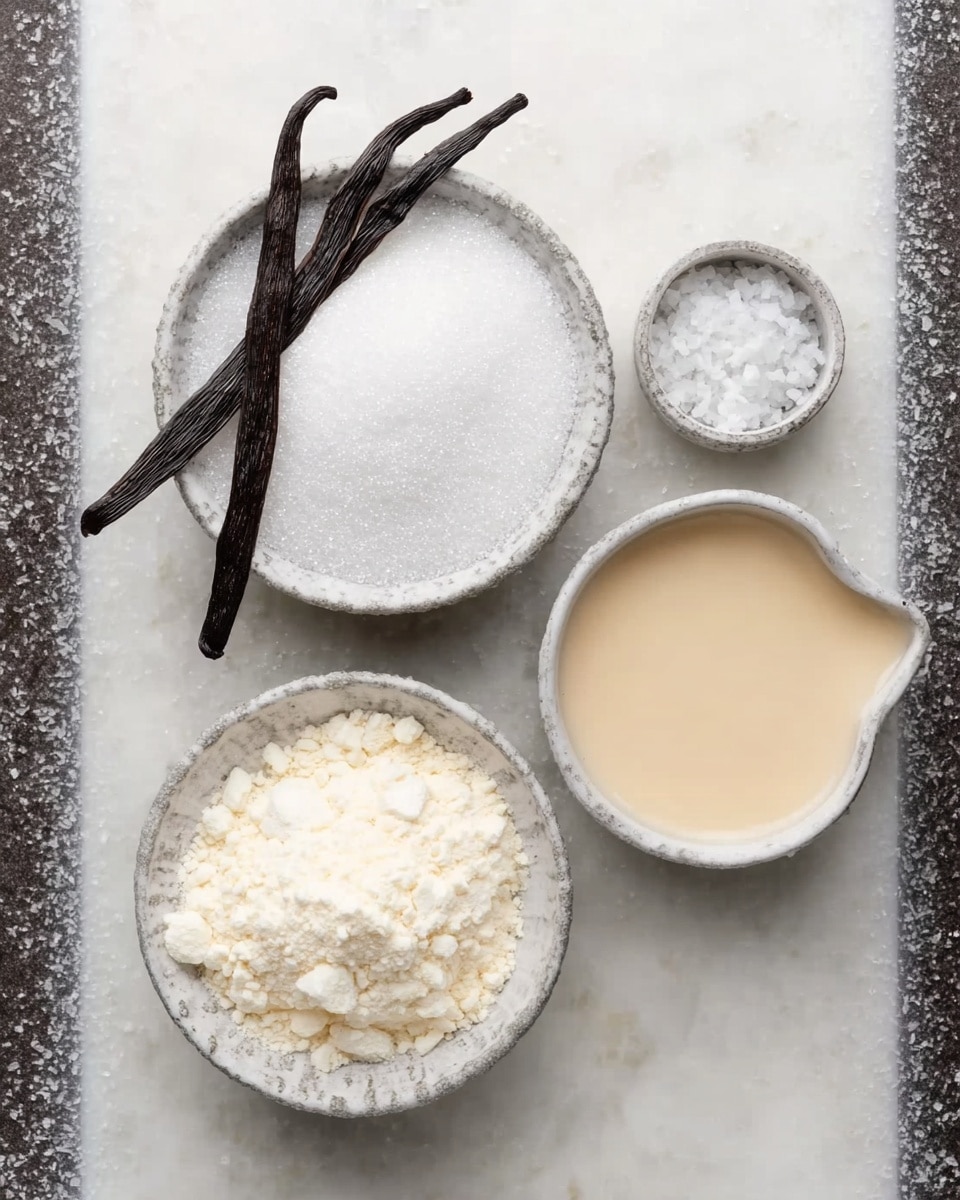 A top view of four small white bowls on a white marbled surface, arranged in a loose square shape. The top left bowl contains white granulated sugar with two dark brown vanilla pods crossing on top. The bottom left bowl is filled with a white powder that looks like flour or cornstarch, with a soft texture and some clumps. The top right bowl holds a small amount of flaky white salt. The bottom right white bowl contains a beige cream or liquid with a smooth texture, and it has a small spout on one side. photo taken with an iphone --ar 4:5 --v 7