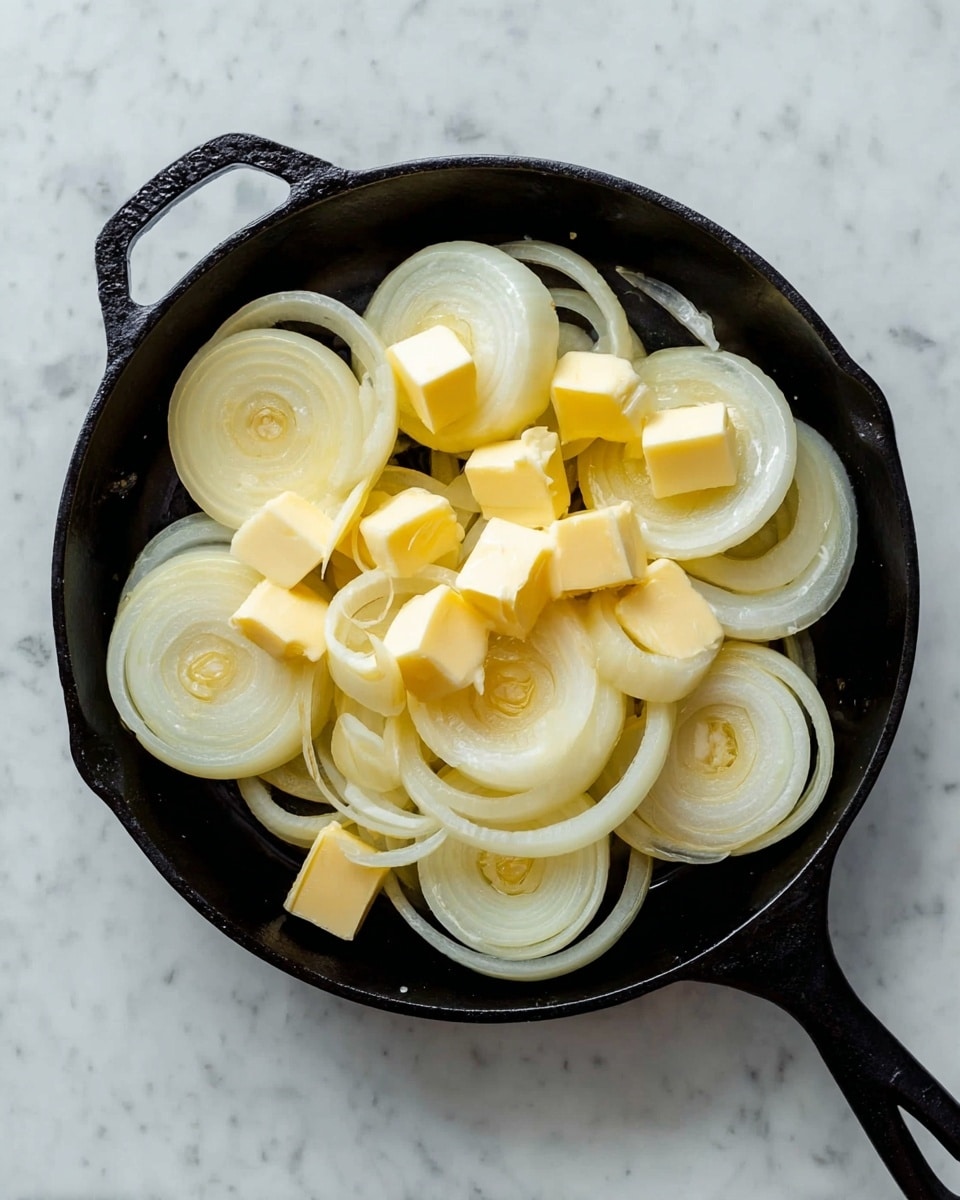 A black cast iron pan filled with several layers of pale yellow onion rings stacked on top of each other, some whole and some separated, with small cubes of yellow butter scattered unevenly over the onions. The pan is set on a white marbled surface with a tiled pattern. The onions show a smooth, slightly translucent texture, and the butter cubes add a soft contrast with their solid, creamy look. Photo taken with an iphone --ar 4:5 --v 7