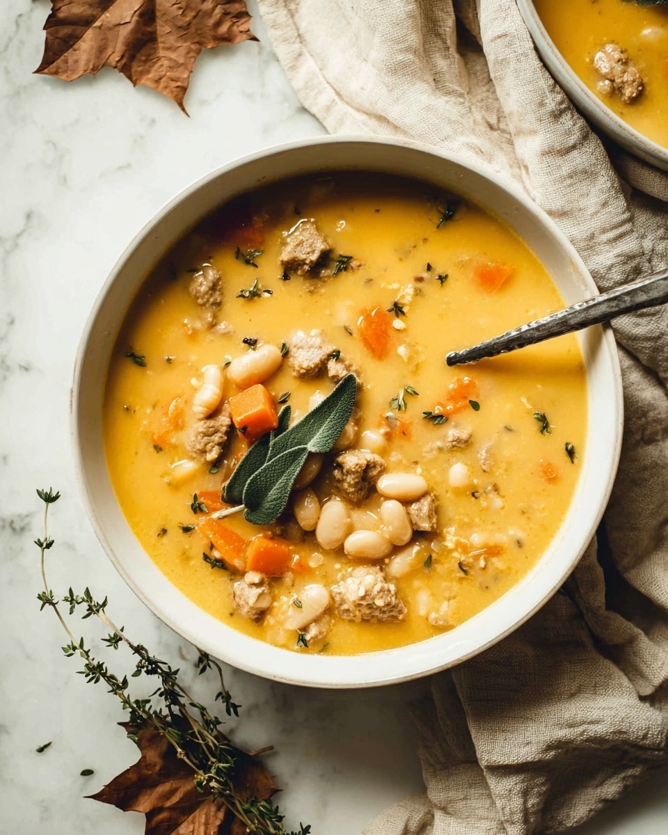 The image shows a white bowl filled with thick yellow soup that has a creamy texture. Inside the soup, there are chunks of light brown meat, small white beans, and orange carrot pieces scattered throughout. On top of the soup, two small sprigs of fresh green herbs rest near the center. A silver spoon is placed inside the bowl, partially submerged in the soup. The bowl is set on a white marbled surface, with dry brown leaves and a beige cloth nearby, creating an autumn feel. photo taken with an iphone --ar 4:5 --v 7