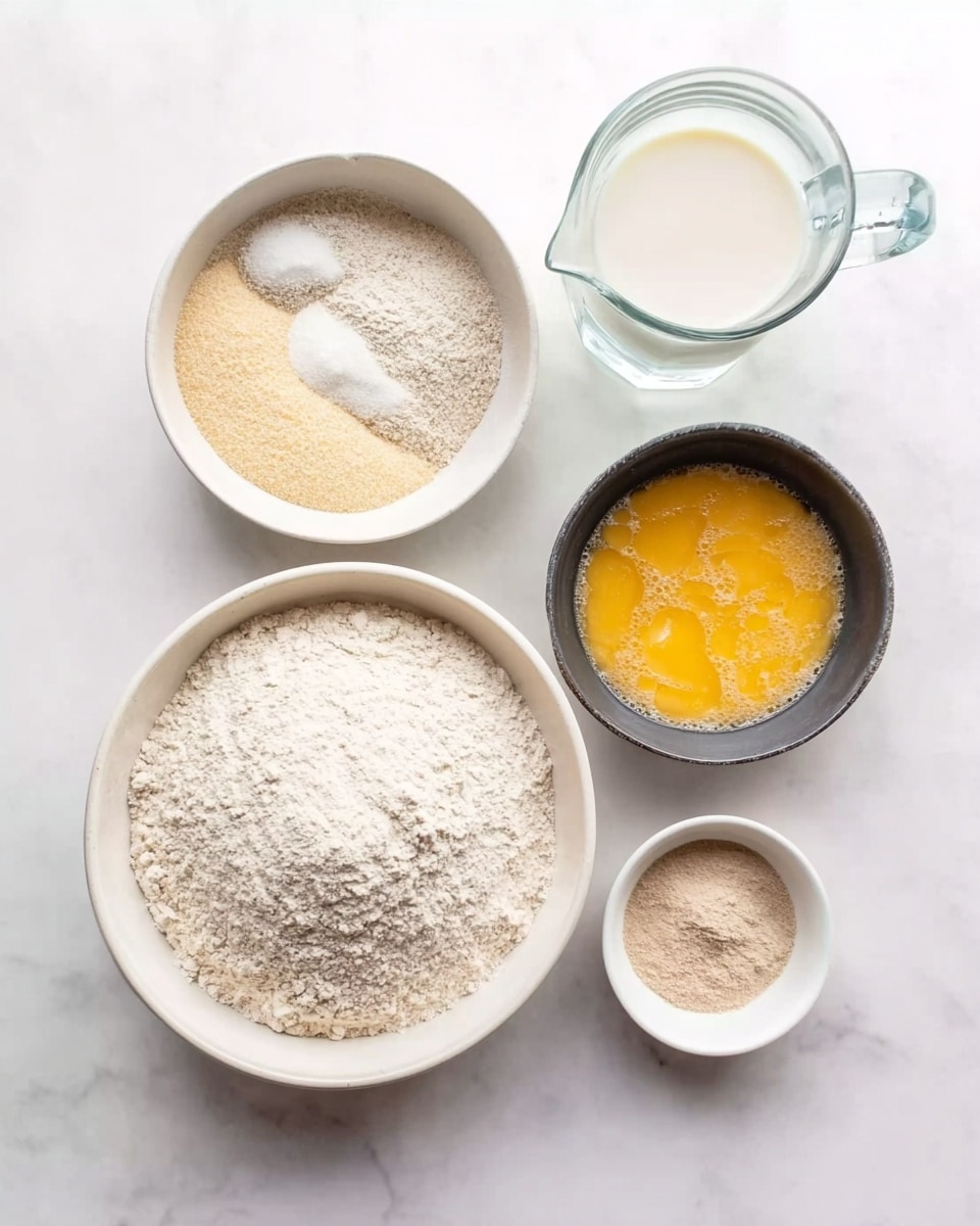 The image shows six bowls and containers of ingredients arranged neatly on a white marbled surface. There is a large white bowl filled with pale flour at the bottom center. Above it on the left is a smaller white bowl holding yeast and sugar, showing a light beige and white mix. To the right of that is a small glass jar filled with clear water. A white small pitcher with milk is positioned next to the jar. Below the pitcher is a dark bowl filled with golden yellow beaten eggs, with a slightly frothy texture on top. Lastly, there is a tiny white bowl with a light brown powder, likely additional yeast or flour, placed near the bottom right. The whole setup is clean, simple, and well organized. photo taken with an iphone --ar 4:5 --v 7
