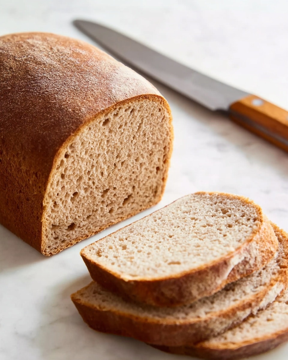 The image shows a loaf of brown bread with a soft texture and small air holes inside. The loaf has a golden-brown crust on top that looks slightly rough. In front of the loaf, there are three slices of bread lying flat, showing the same light brown inside and crust around the edges. Behind the bread, a knife with a wooden handle is placed on a white marbled surface. The photo taken with an iphone --ar 4:5 --v 7