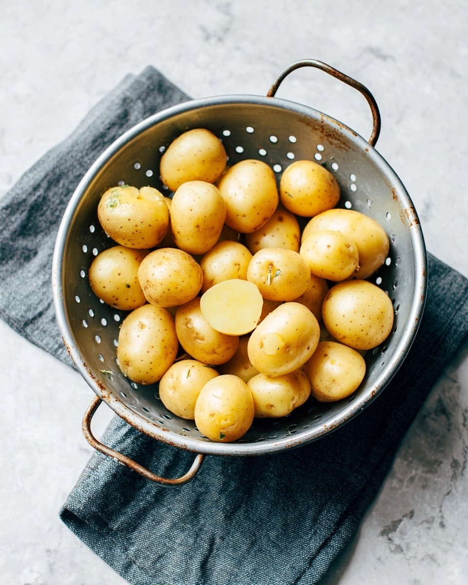 A worn grey metal colander filled with about twenty small yellow potatoes, some whole and some cut in half, showing their smooth pale yellow insides, sits on a folded dark grey cloth on a white marbled surface. The colander has two handles, small rust spots, and round holes all around its sides. photo taken with an iphone --ar 4:5 --v 7