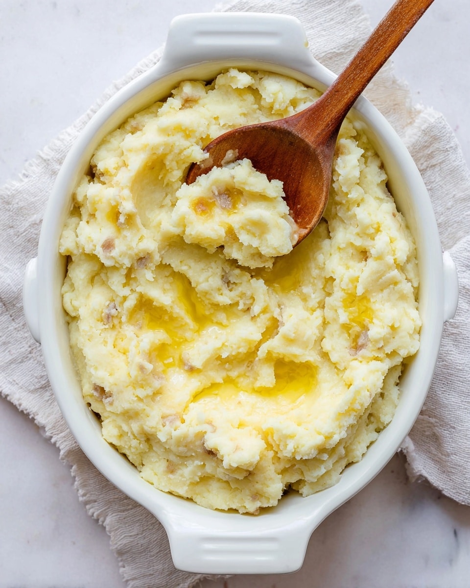 A white ceramic dish filled with a single layer of mashed potatoes that are pale yellow with small pieces of potato skin mixed in. The texture looks soft and slightly chunky, with a shiny layer of melted butter pooled in the center. A wooden spoon with a smooth handle is placed in the middle of the mashed potatoes, partially lifting some of the mash. The dish sits on a white marbled surface with a light-colored cloth partially visible underneath. photo taken with an iphone --ar 4:5 --v 7
